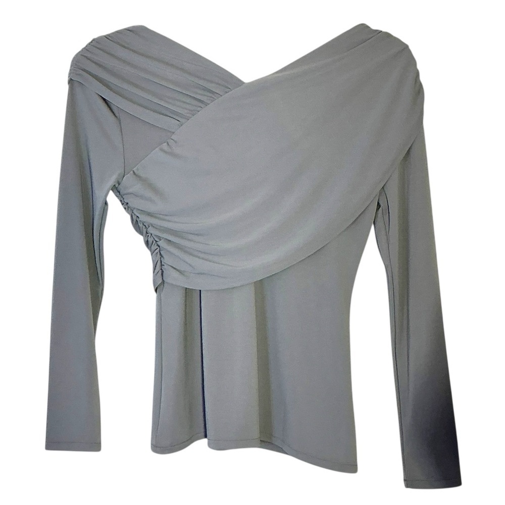 Ann Taylor Top Draped Cross Over Ruched Sleek Stretchy Gray Women's Medium - Picture 11 of 16